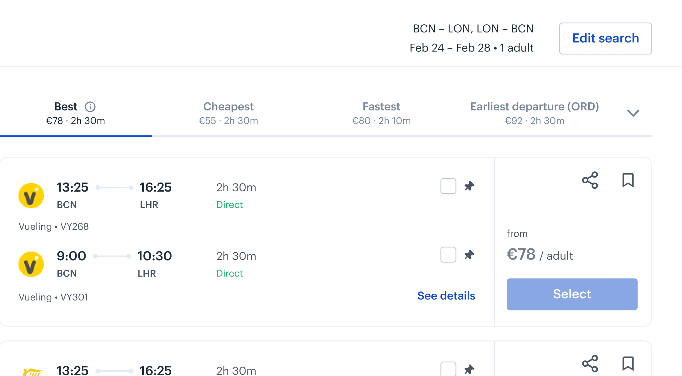 Old results header with a small Edit search button beside the route summary
