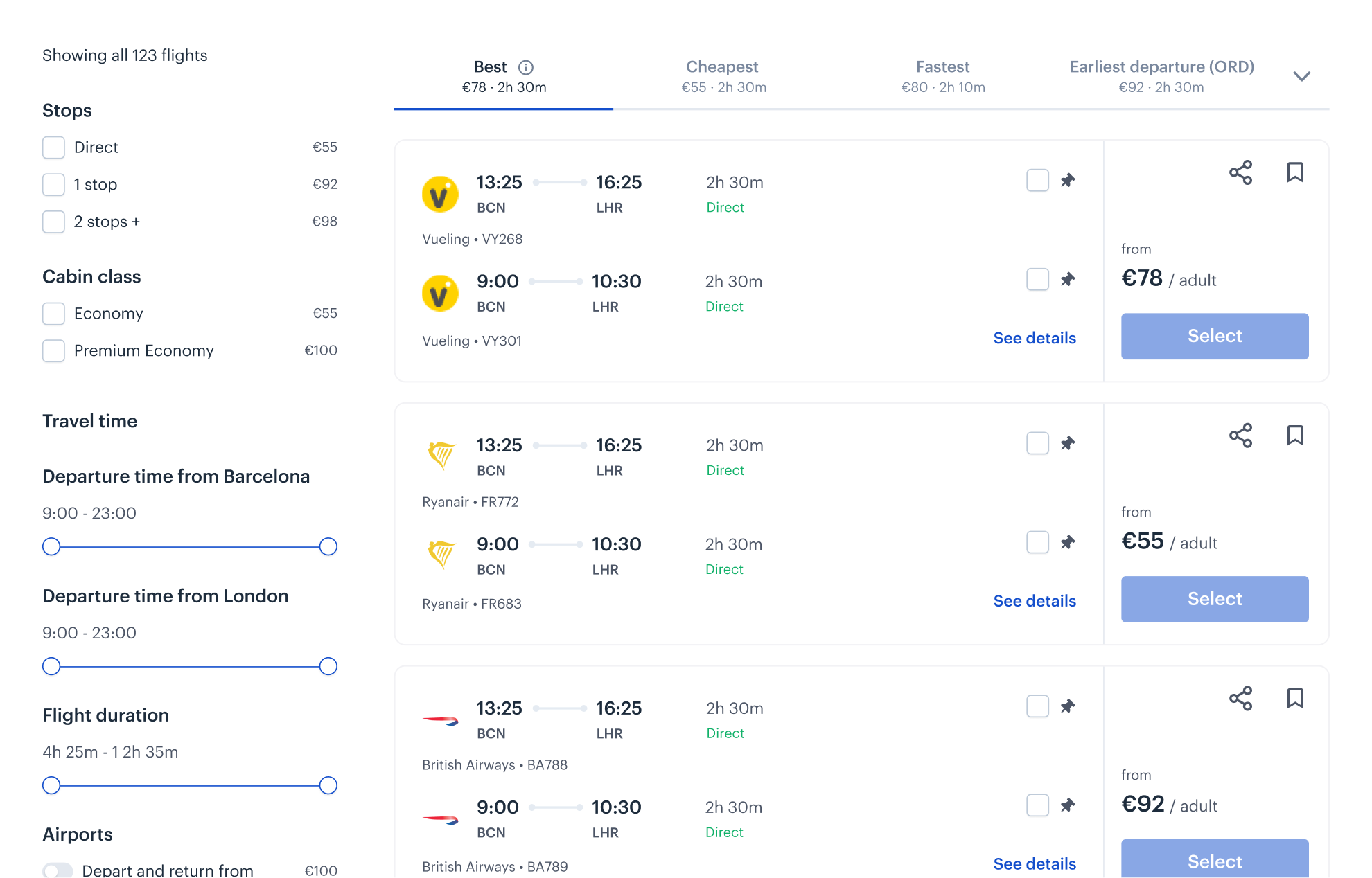 Flight results with a vertical filters side panel