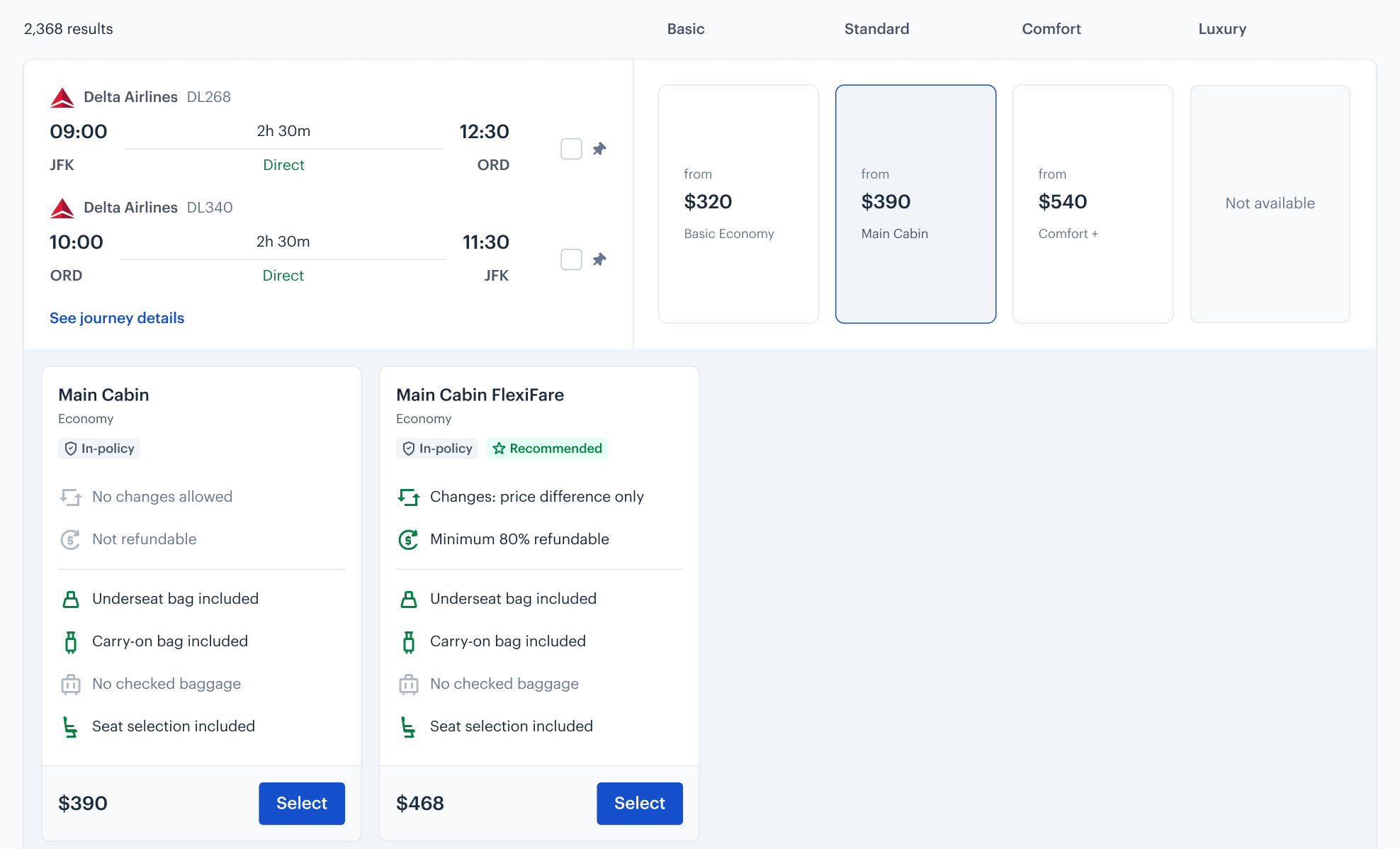 Standard fare tier expanded to show Main Cabin and Main Cabin FlexiFare